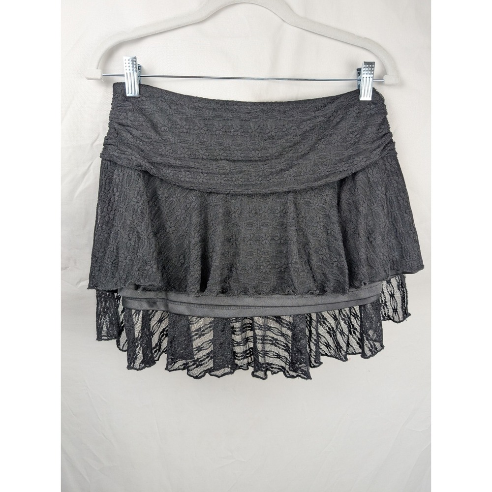 Y2K Floral Lace Tiered Ruffle Mini Skirt Size M Black Whimsigoth Festival Grunge - Picture 2 of 9